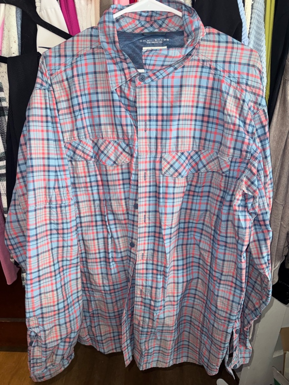 Columbia Light Blue and Pink Plaid Button-Down Shirt